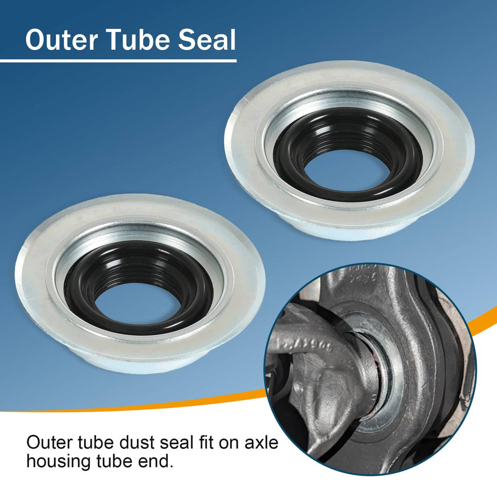 Outer tube seal pair for front axle, with rubber seal lips and metal housings