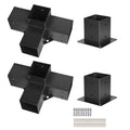 Black four-way pergola corner bracket connectors with flat mounting bases, metal set