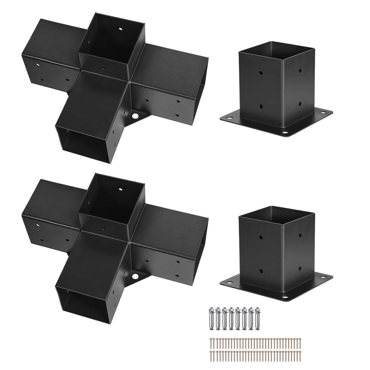 Black four-way pergola corner bracket connectors with flat mounting bases, metal set