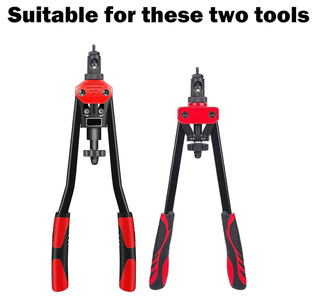 Rivet nut tool with red head and black handles, suitable for use with mandrels