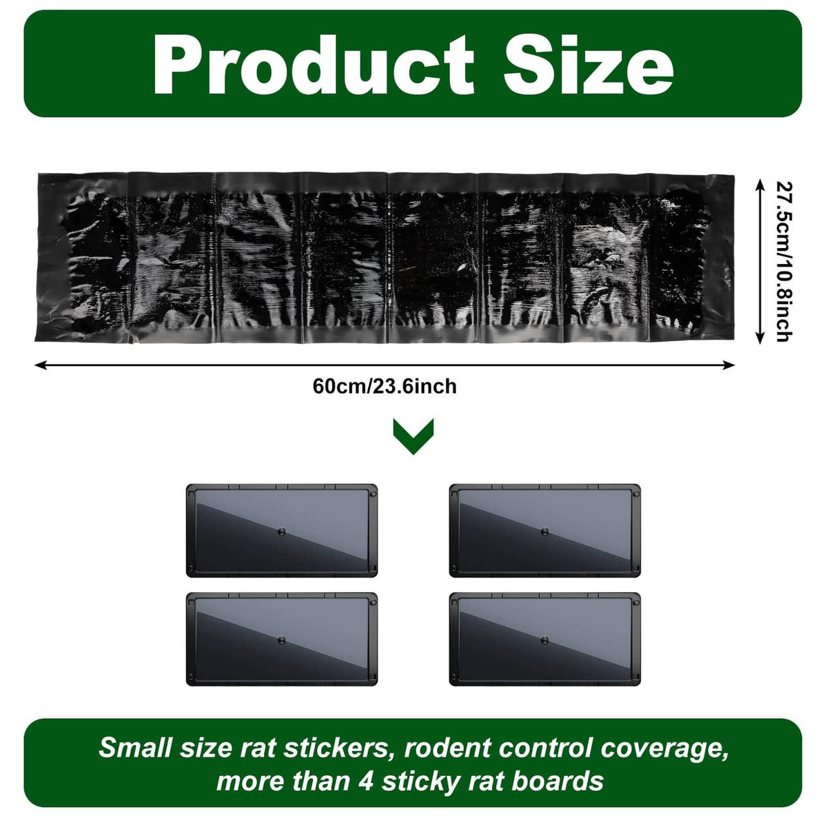 Black sticky mouse trap mats with size diagram, about 24 in long