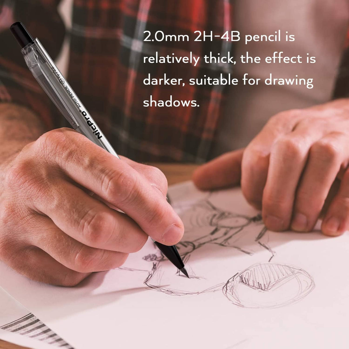 Mechanical pencil drawing with thick 2.0mm tip, clear barrel, and knurled grip