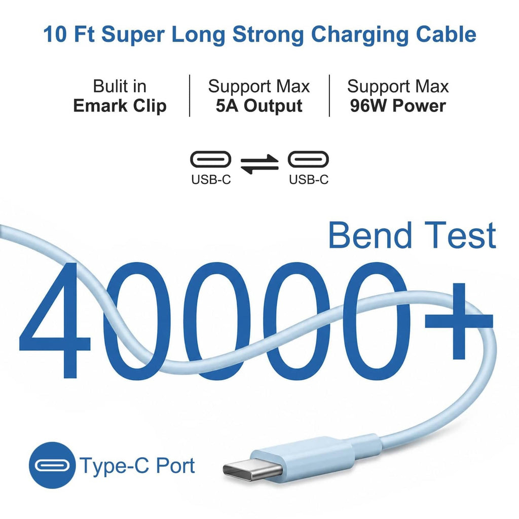 Light blue USB-C to USB-C charging cable with Type-C connector, 10 ft length