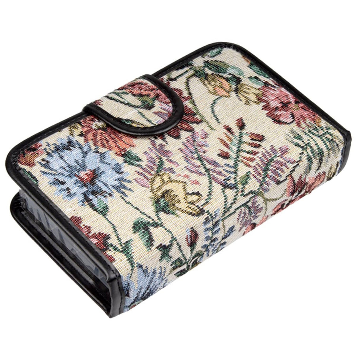 Floral pill case with black trim and rounded elastic strap, closed 14-day organizer