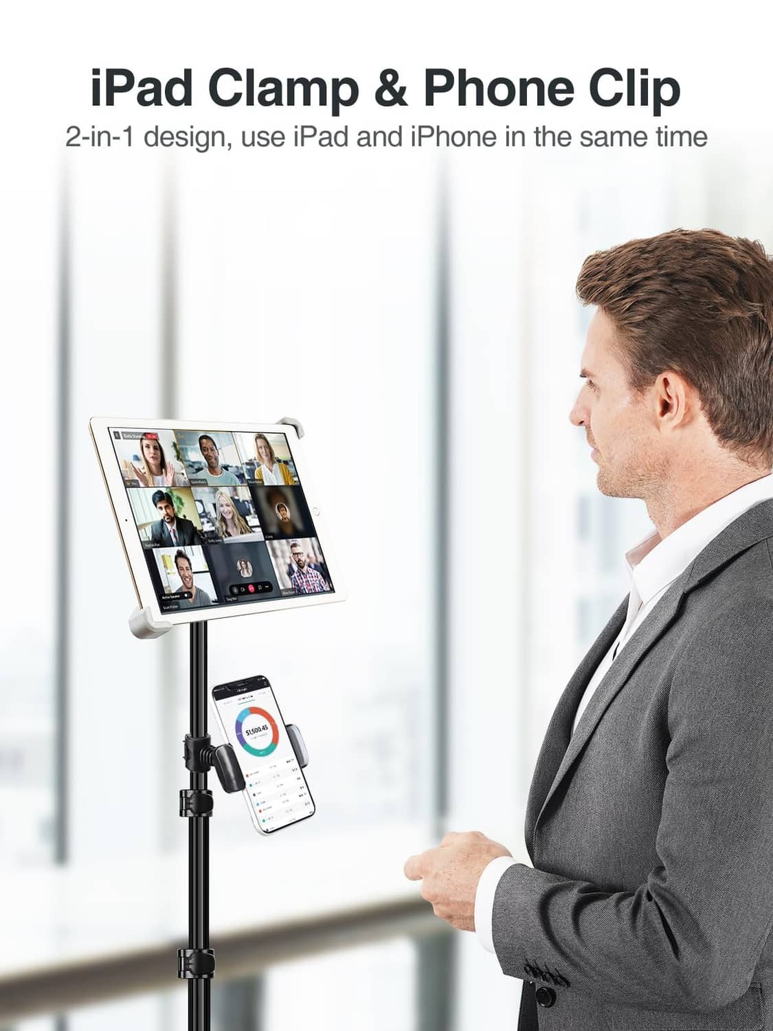 iPad clamp and phone clip on a height-adjustable tripod stand