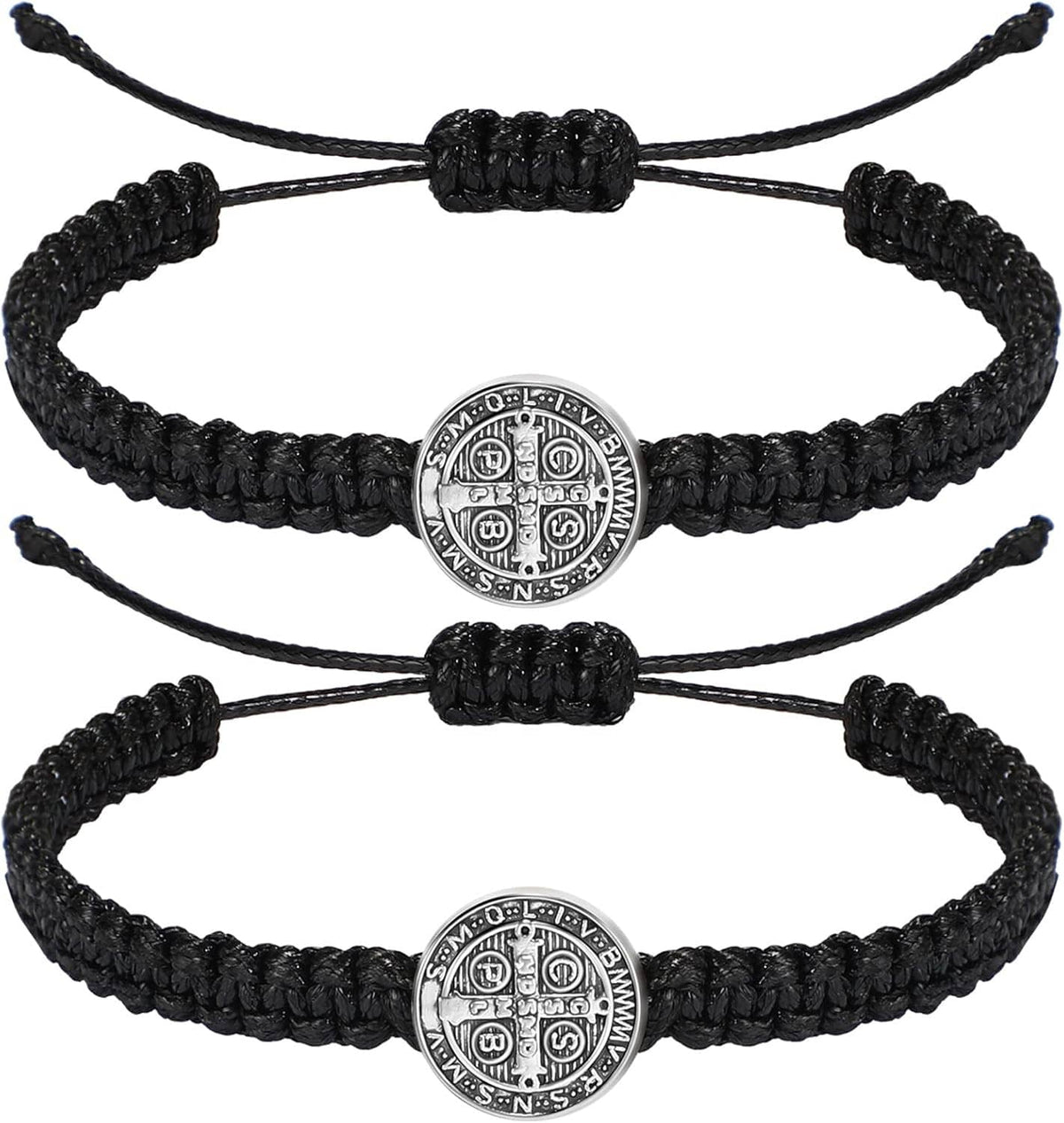 Two black woven string bracelets, each with round silver Saint Benedict medal charm
