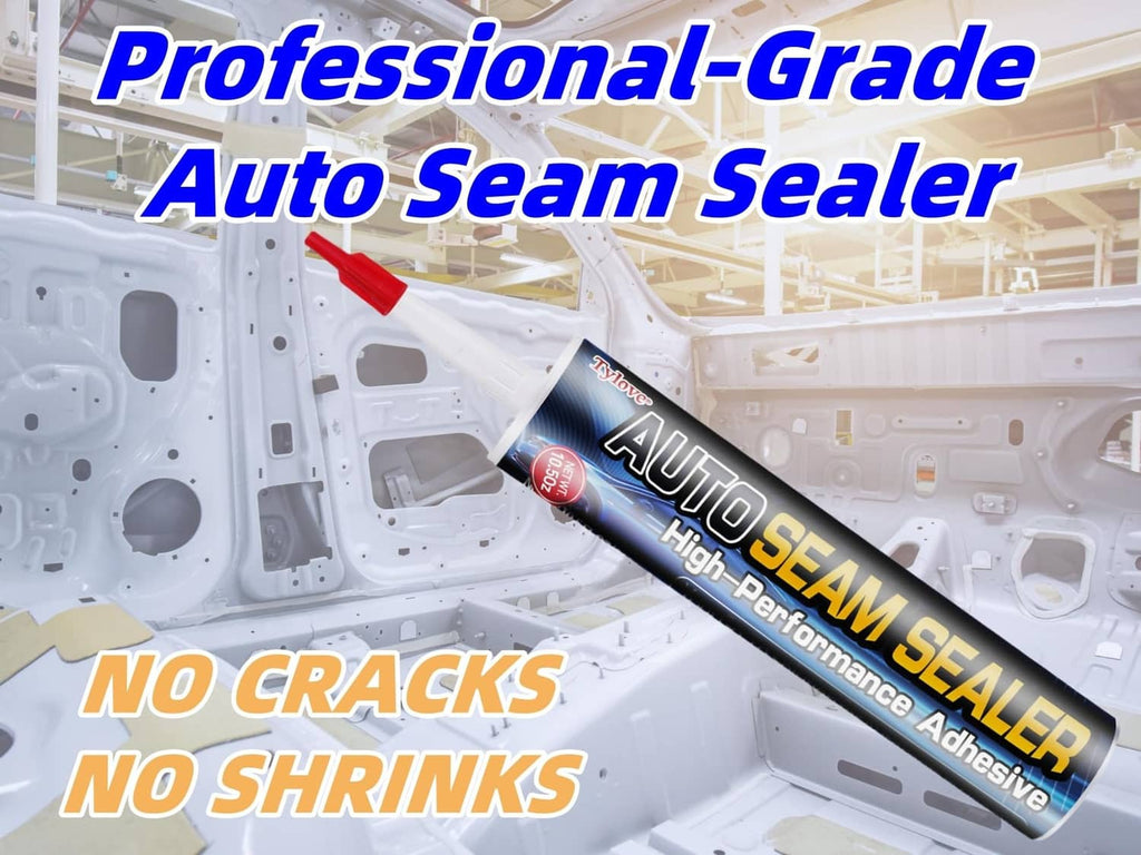 Professional-grade black auto seam sealer tube on vehicle body panels