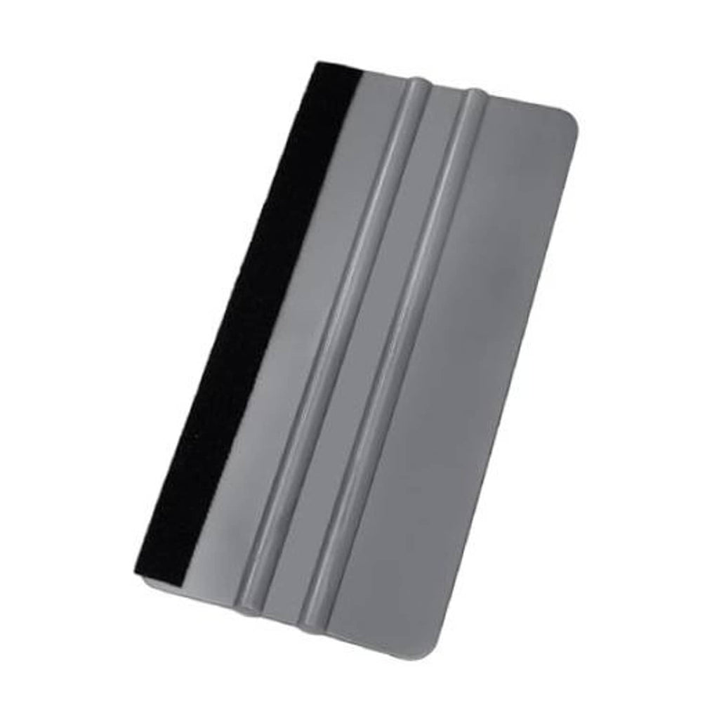 Felt window squeegee scraper with gray ridged handle and black felt edge