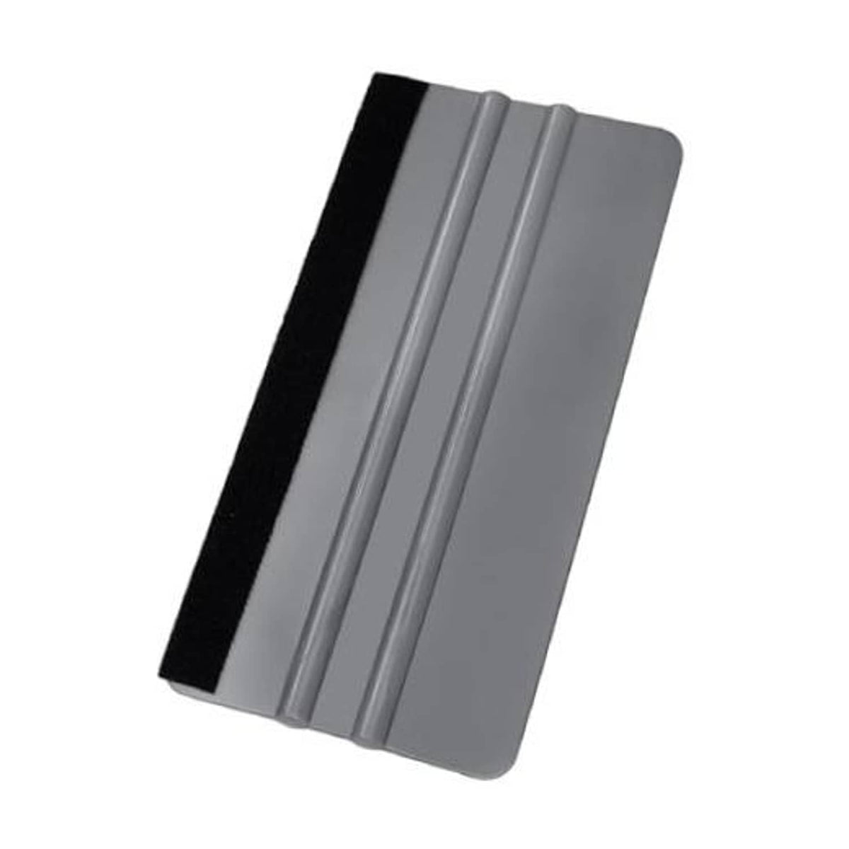 Felt window squeegee scraper with gray ridged handle and black felt edge