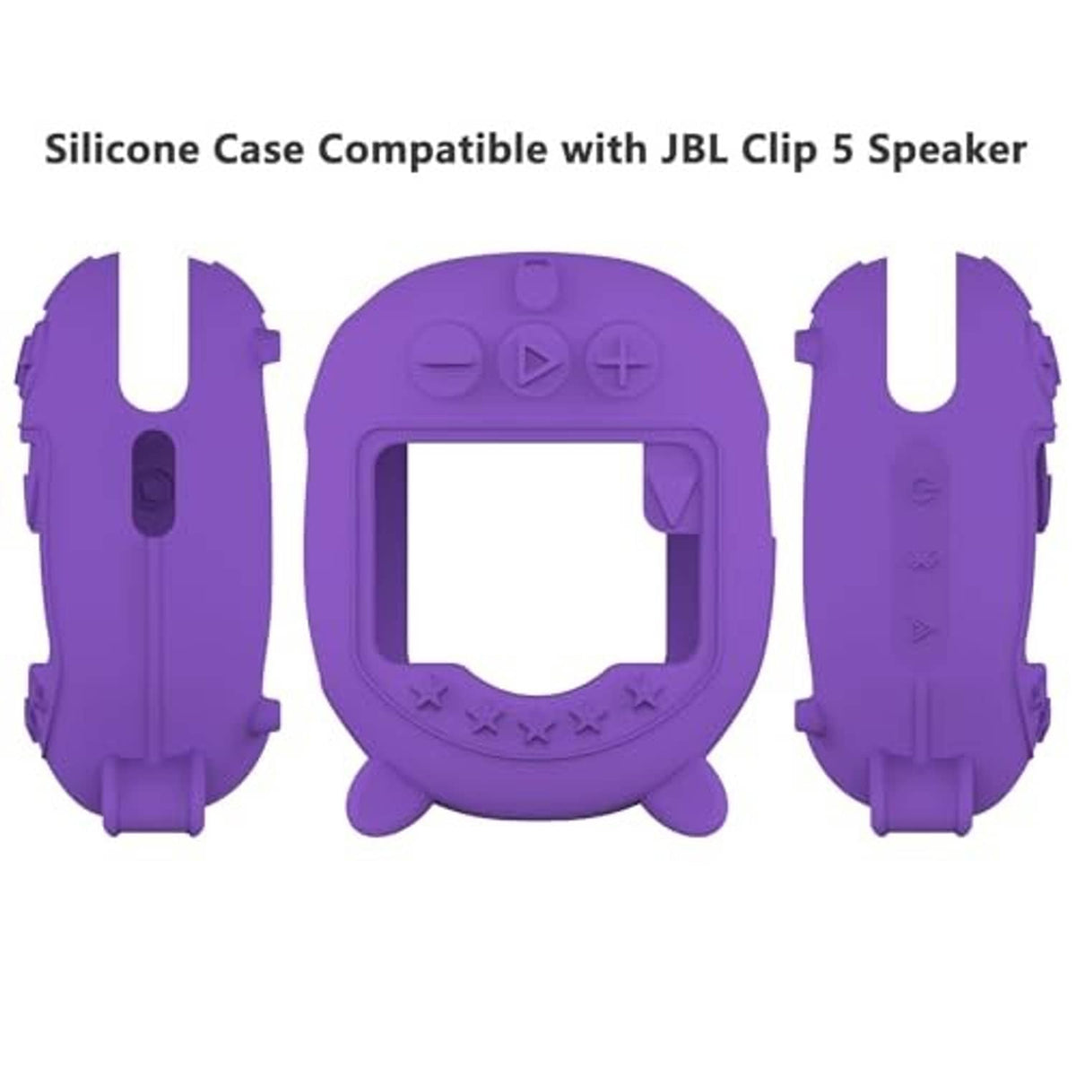 Purple silicone case views: front window and side openings with button cutouts