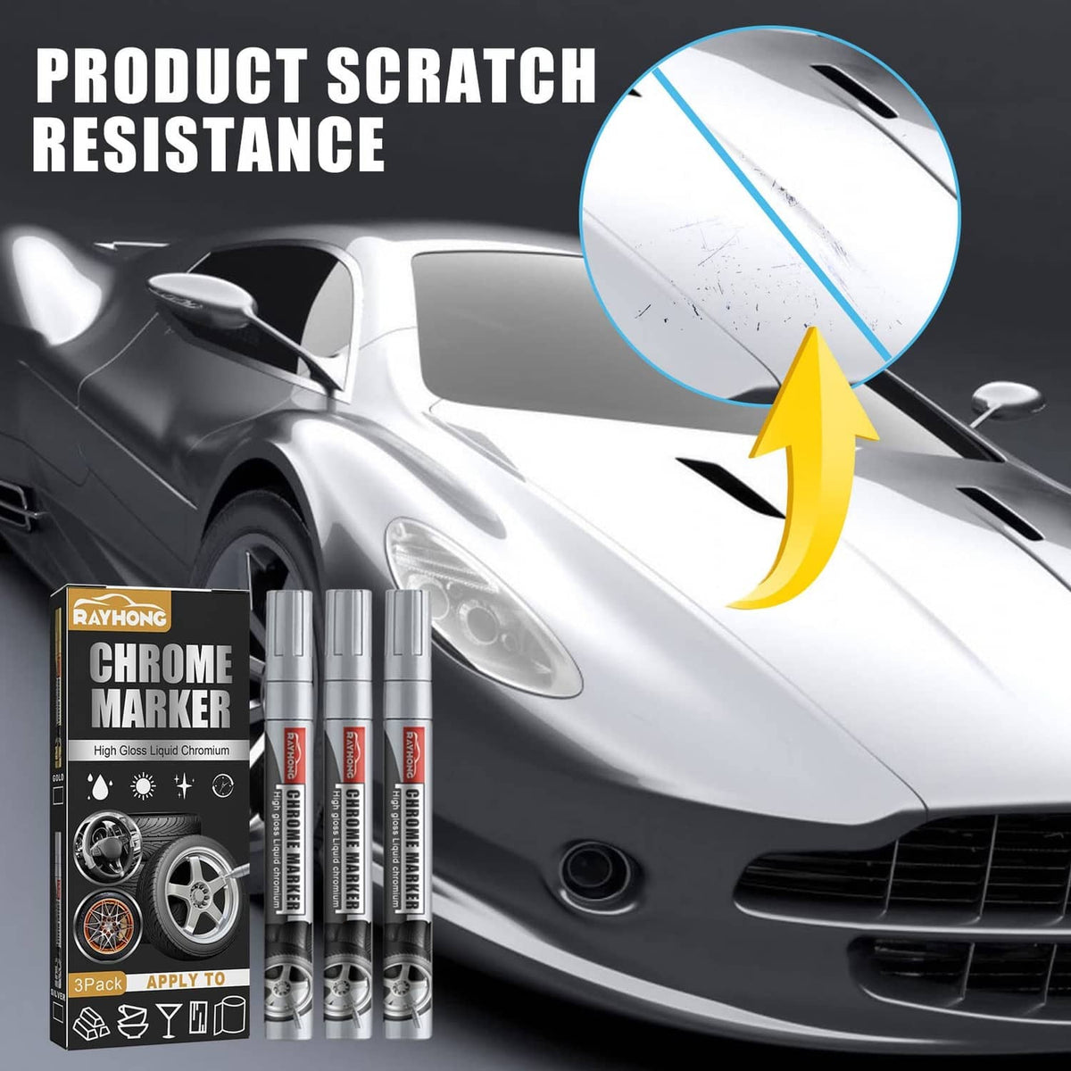 Chrome marker 3-pack with retail box and three silver pens beside silver car body