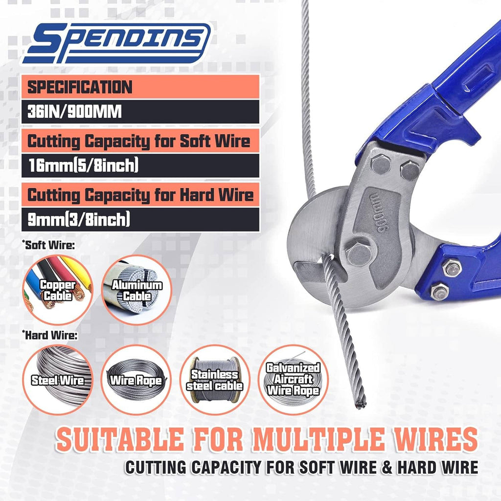 Wire rope cutter head with blue housing and blade, showing cutting capacity specs.