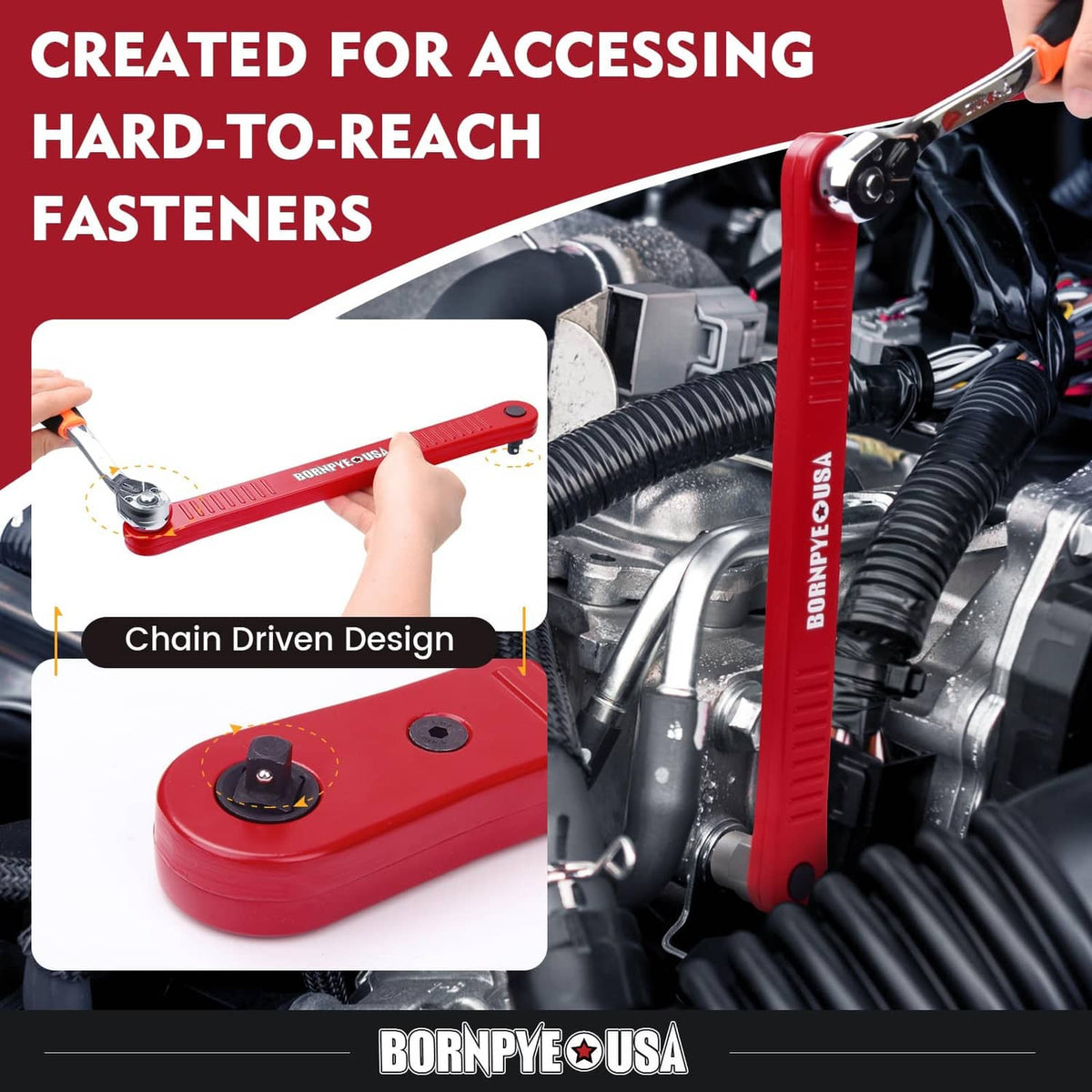 Red offset extension wrench with long handle and socket head for tight spaces.