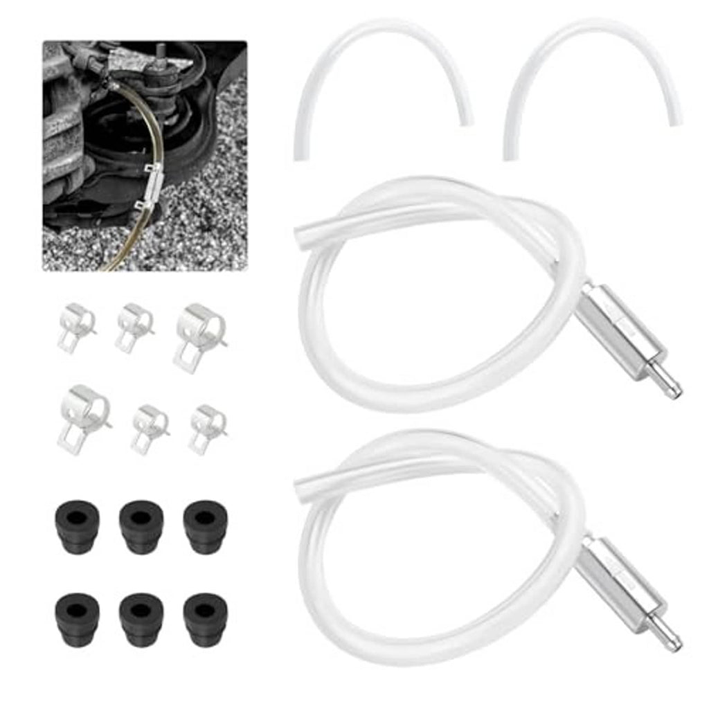 Brake bleeder kit accessories: two clear hoses with metal adapters and small caps