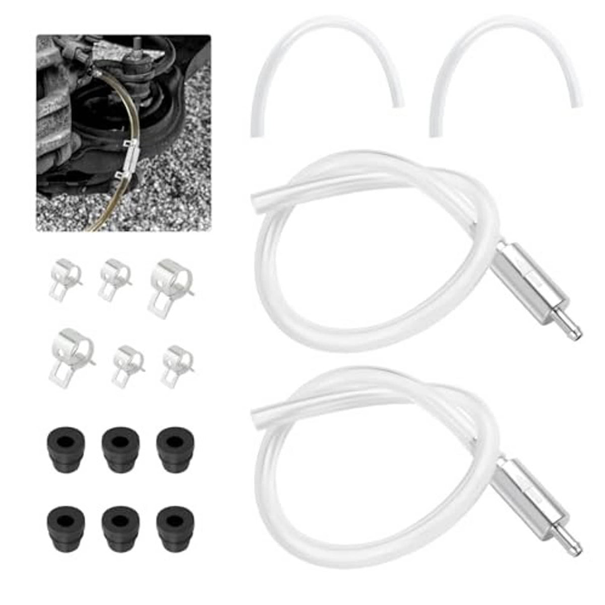 Brake bleeder kit accessories: two clear hoses with metal adapters and small caps