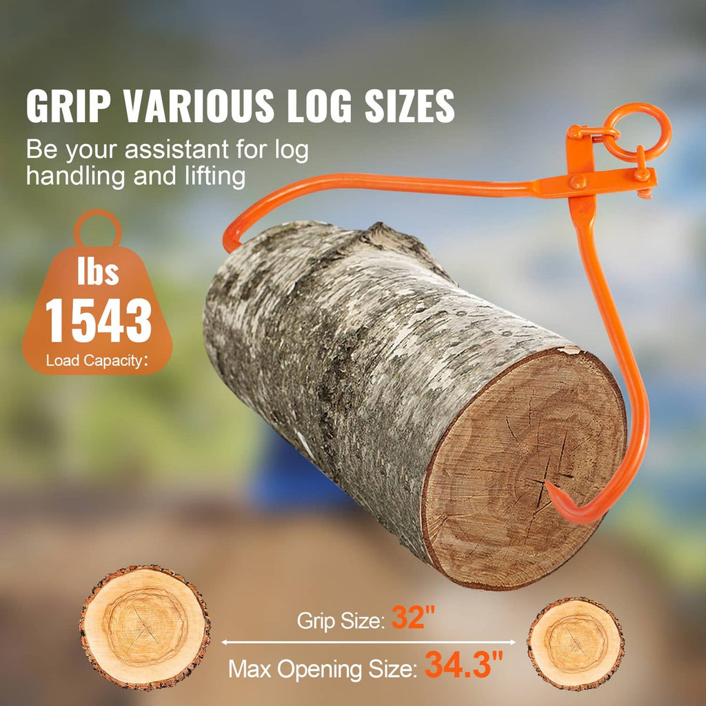 Orange 2-claw log lifting tongs holding a round log with claws and ring