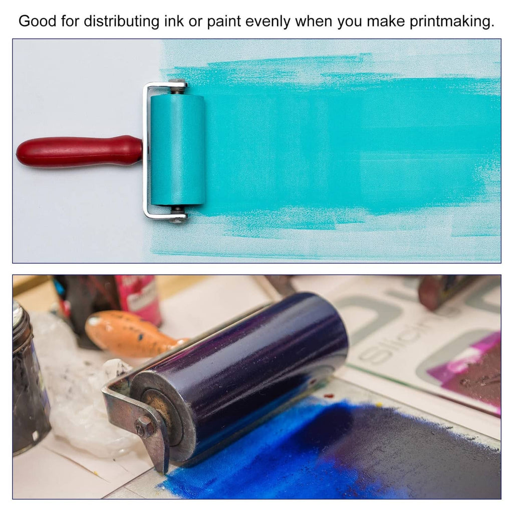 Acrylic brayer roller spreading teal and blue paint evenly