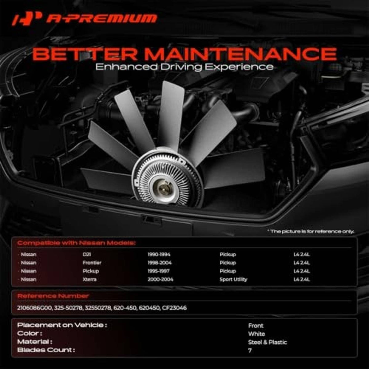 Radiator cooling fan blade assembly installed in engine bay, central hub visible