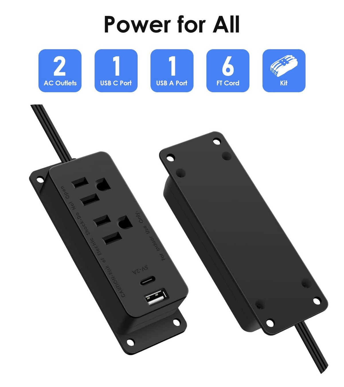 Black power outlet strip with mounting holes and attached cable, front and back