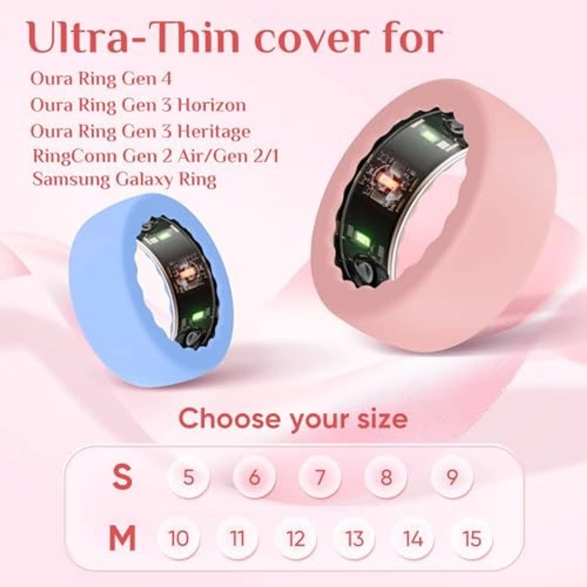 Ultra-thin ring cover sizing chart for ring sizes 5–15, shown with a pink cover