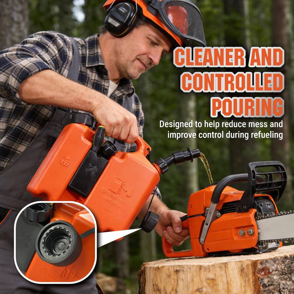 BAITEMEN dual-chamber fuel and bar oil can, orange, with black cap and pour spout