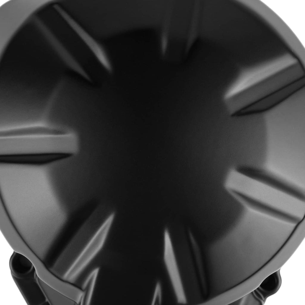 Left crankcase stator engine cover close-up, matte black texture and ridged design