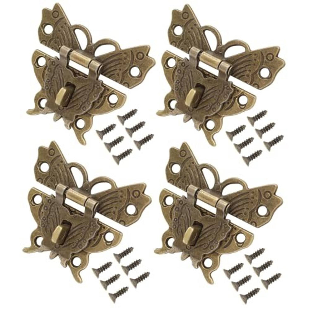 Antique brass butterfly hasp latch set of 4 with screws, shown at an angle