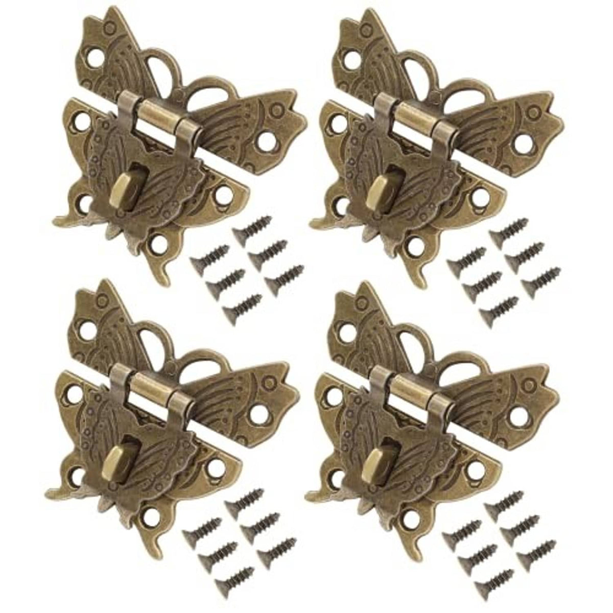 Antique brass butterfly hasp latch set of 4 with screws, shown at an angle