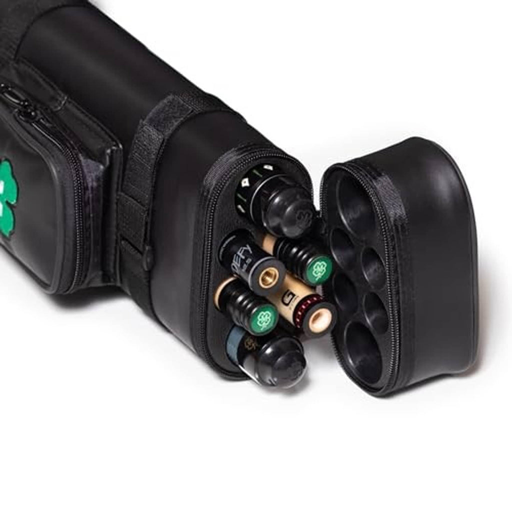 Black 2x4 cue case with inserted cues in molded circular holders and zip divider.