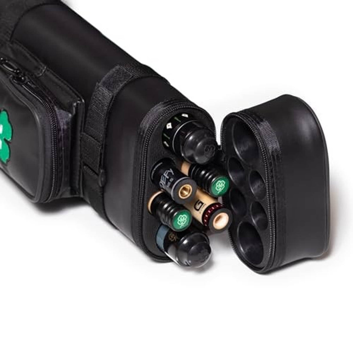 Black 2x4 cue case with inserted cues in molded circular holders and zip divider.