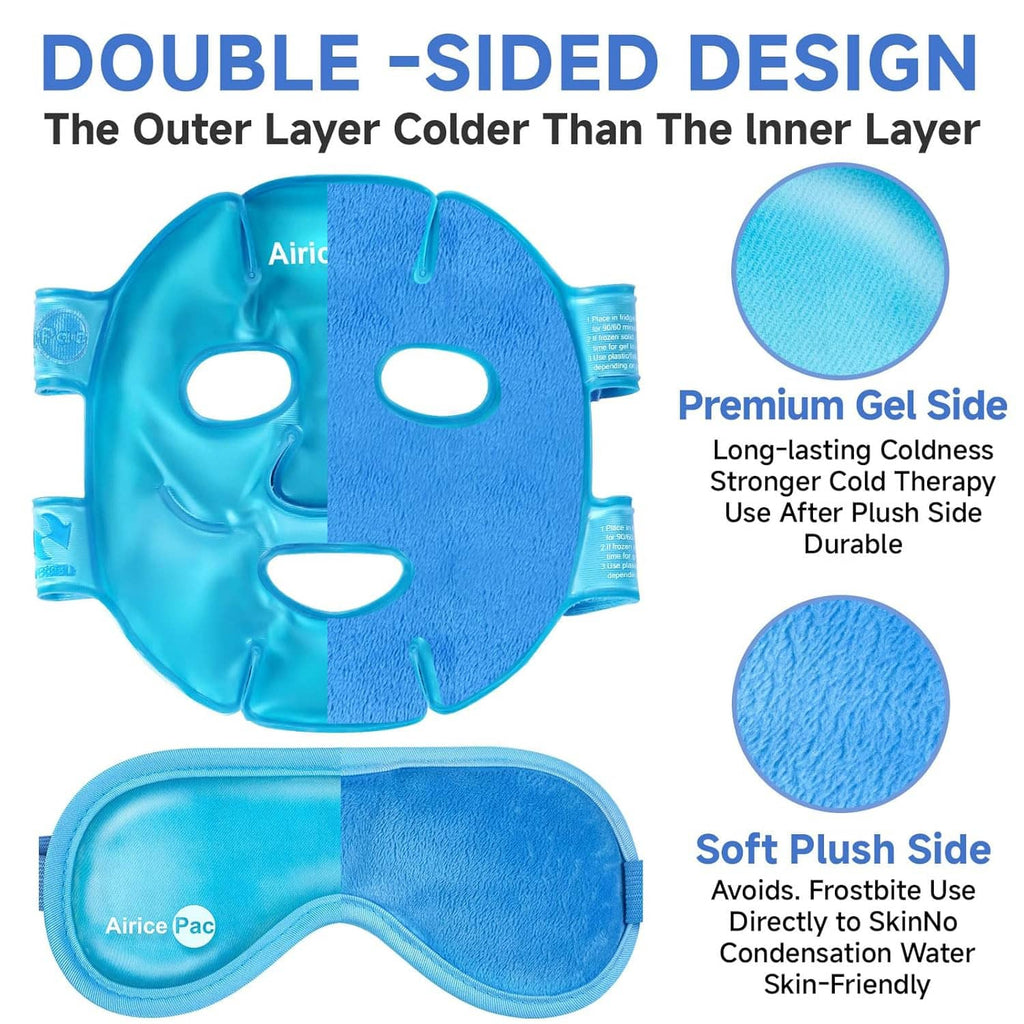 Blue double-sided gel face mask with plush and gel texture shown on the inner panel
