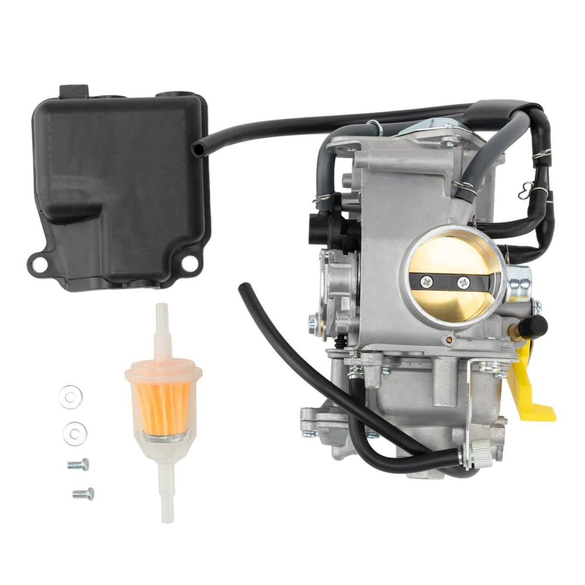 Carburetor carb assembly side view with black air box cover and orange fuel filter