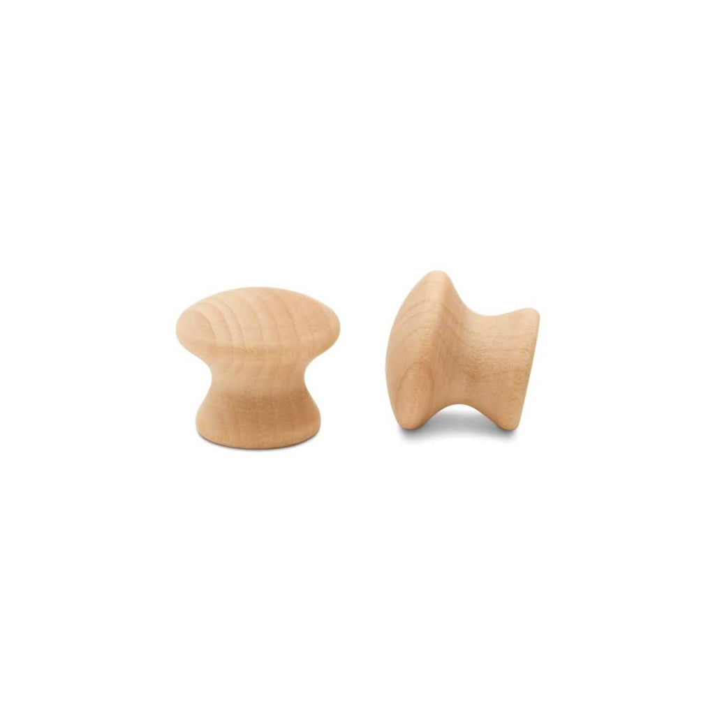 Unfinished natural wooden cabinet knobs, two styles shown with center mounting holes