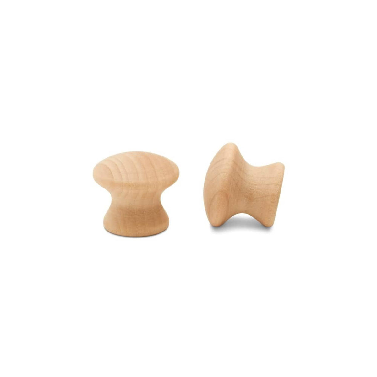 Unfinished natural wooden cabinet knobs, two styles shown with center mounting holes