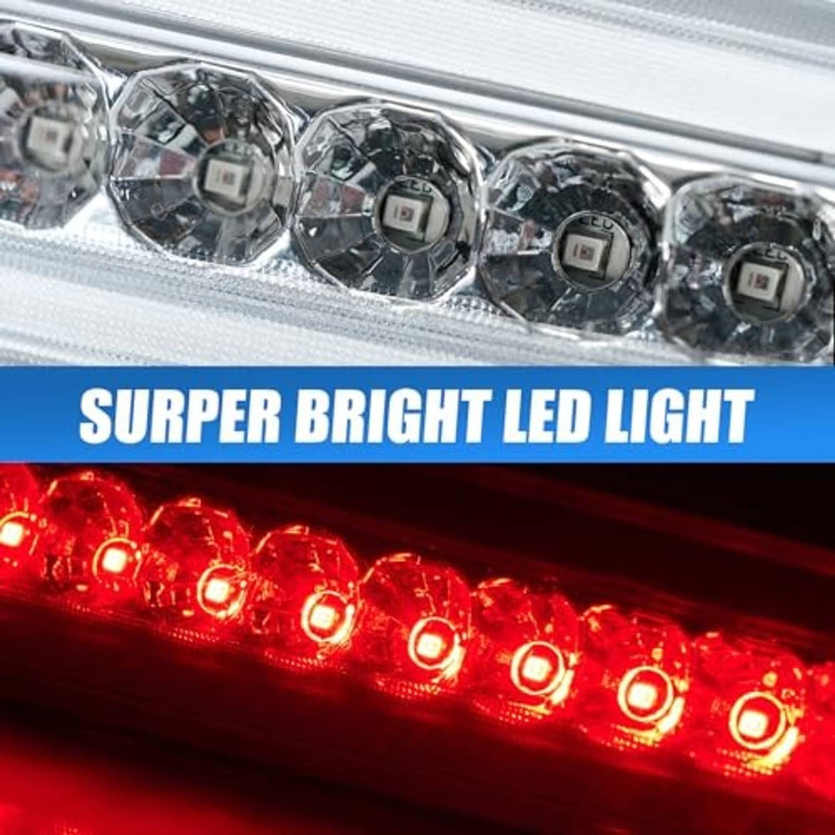 Red LED third brake light with chrome housing and bright flashing glow, close-up