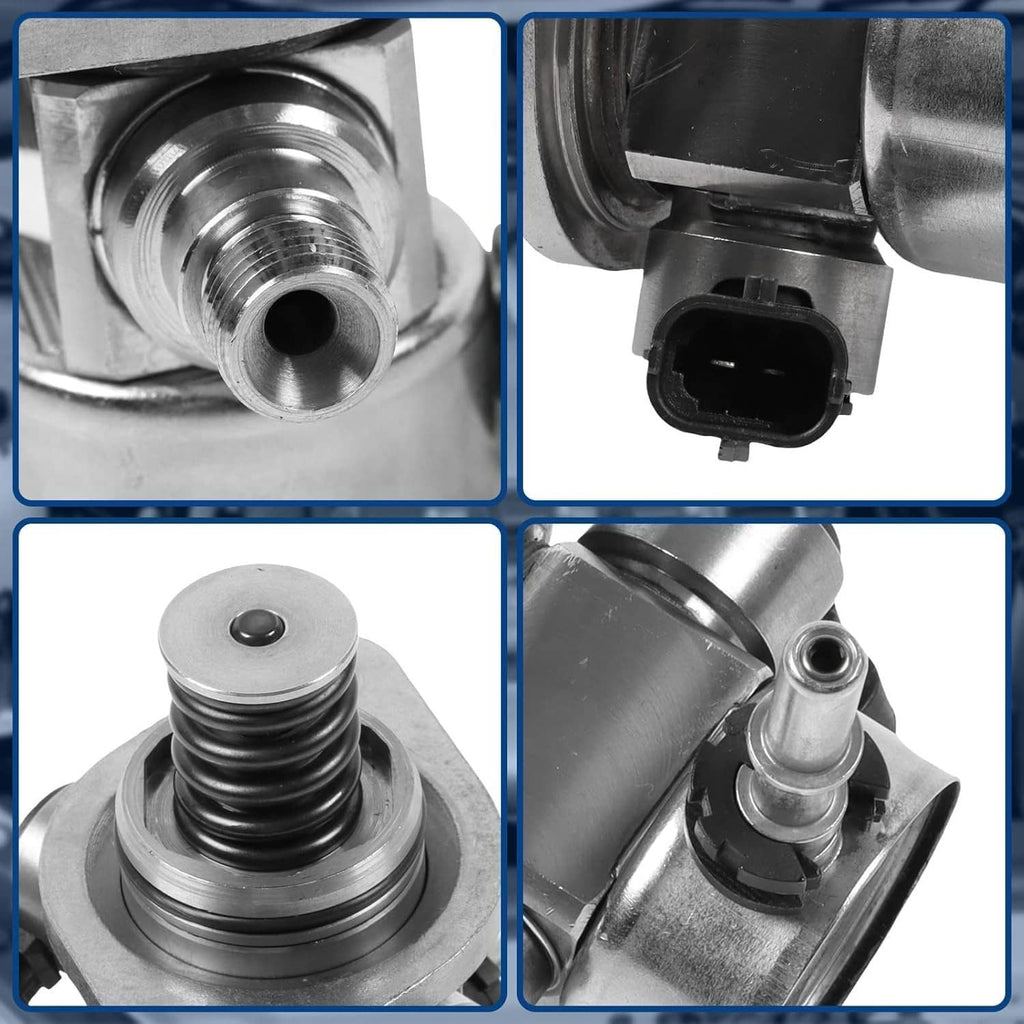 High pressure fuel pump close-up showing threaded ports and electrical connector