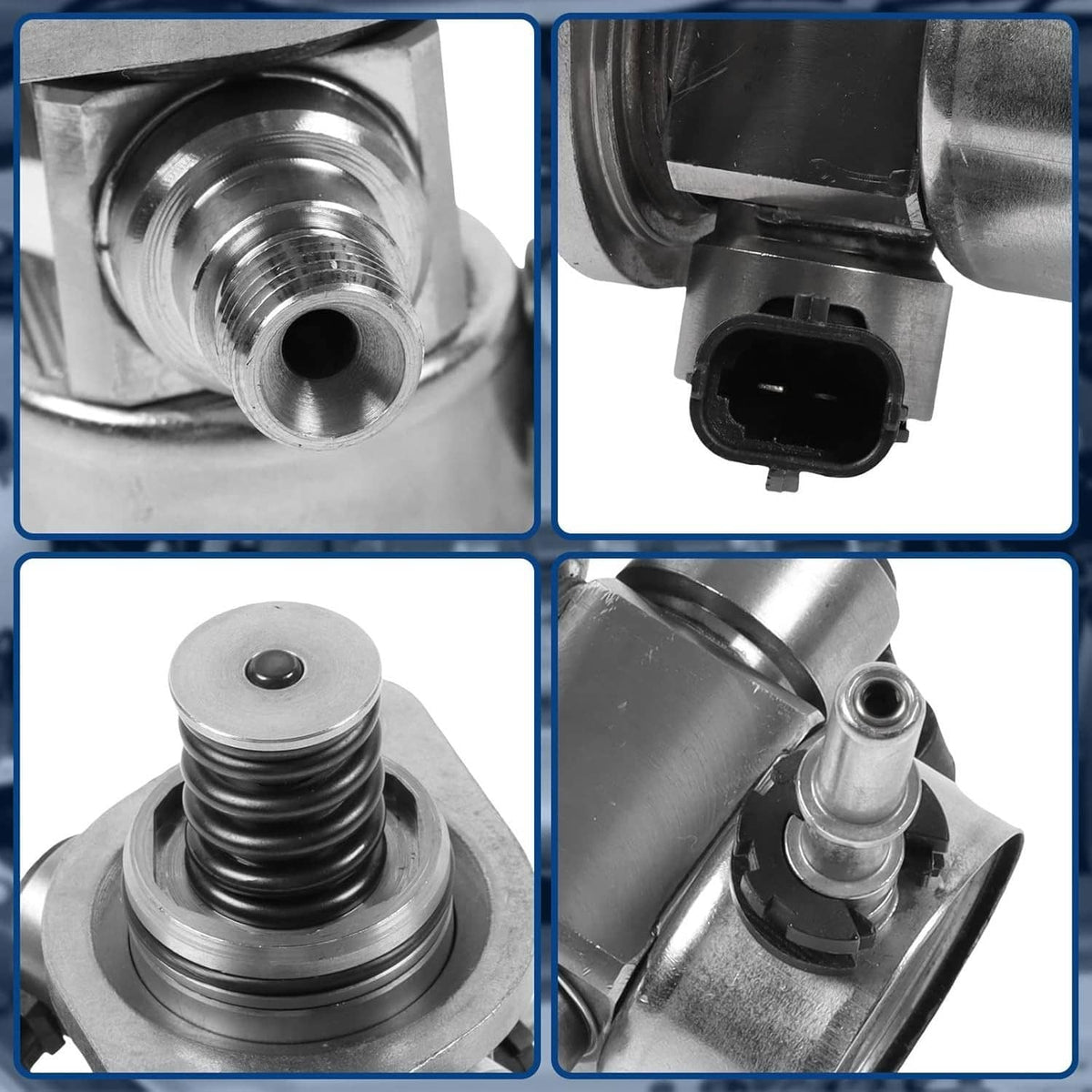 High pressure fuel pump close-up showing threaded ports and electrical connector