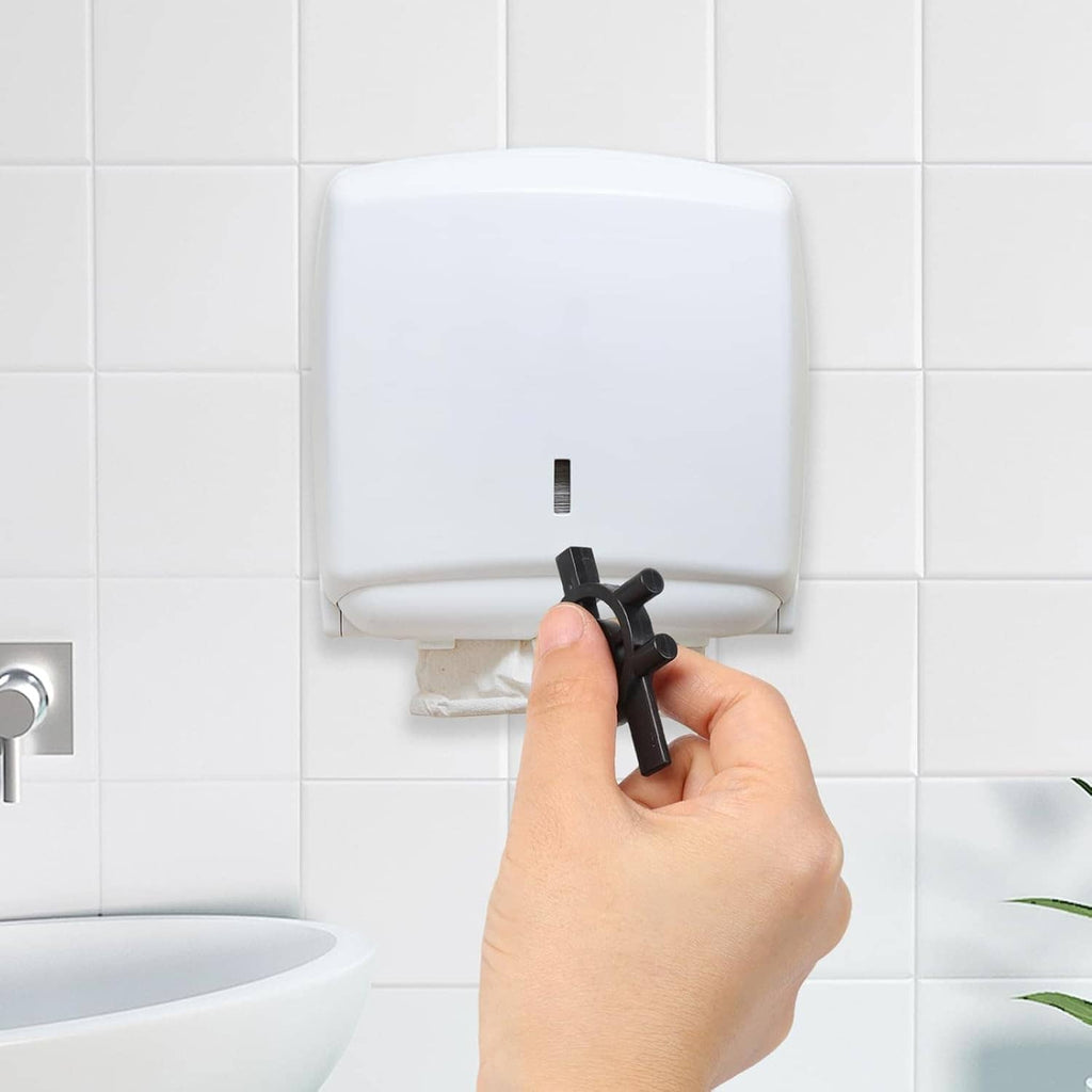 Black toilet paper dispenser key set, shown with one key held