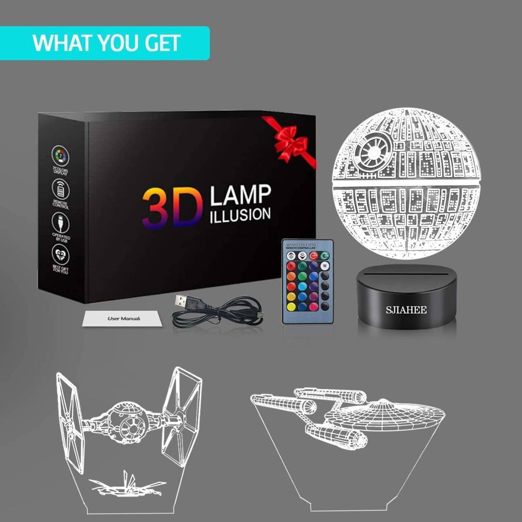 3D LED lamp package with black base, illustrated planet top, and color remote control