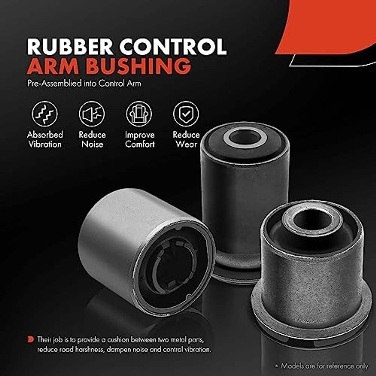 Rubber bushing and stud components for upper control arm, cylindrical metal housings