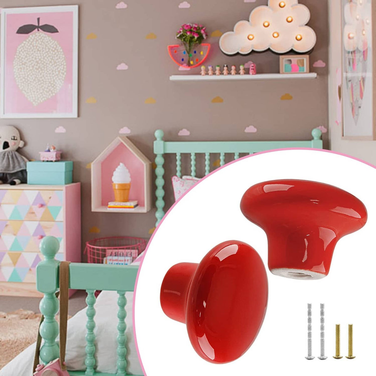 Red glossy round ceramic cabinet knobs with screws, dome-shaped pulls