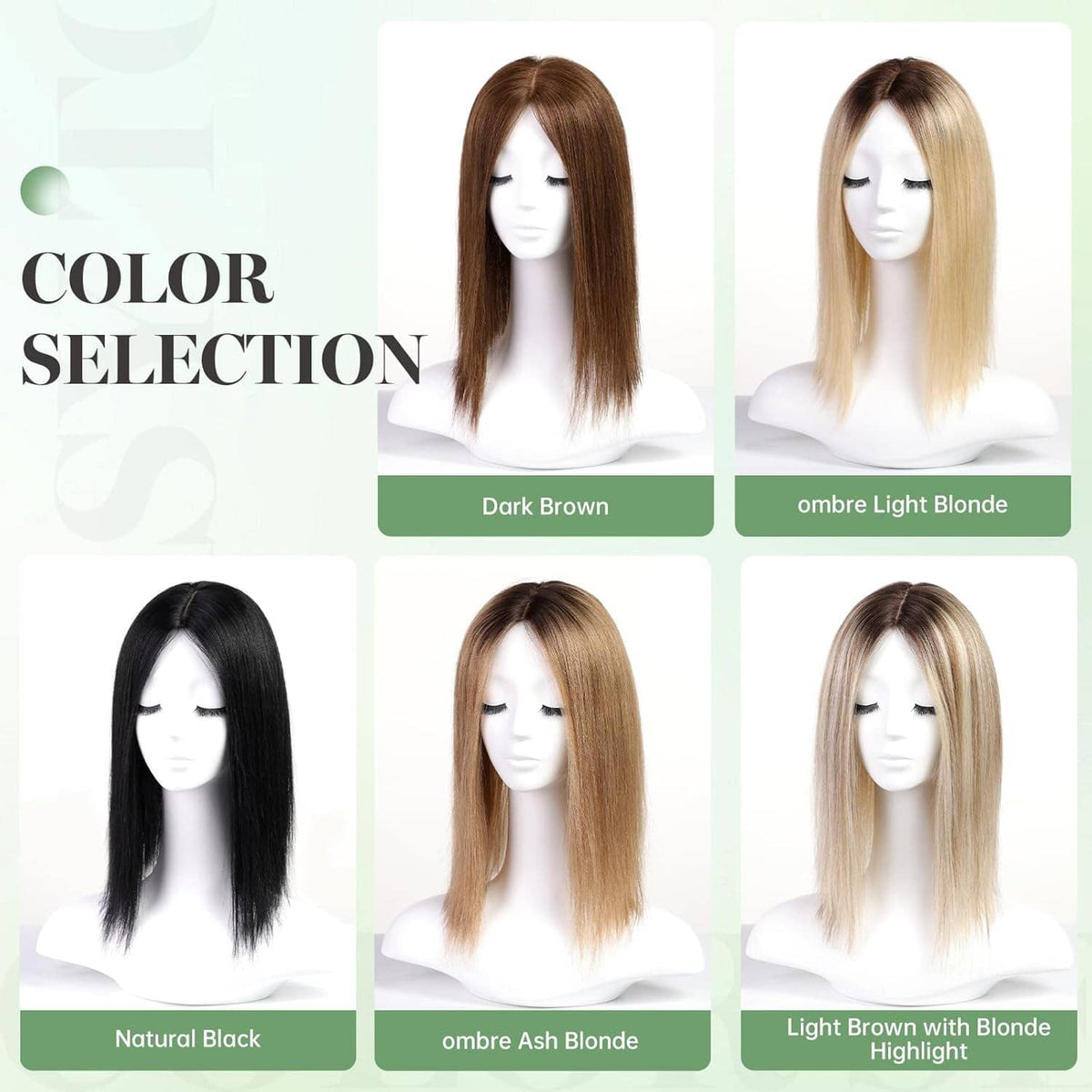 Hair topper color selection on mannequins with multiple brown and blonde shades