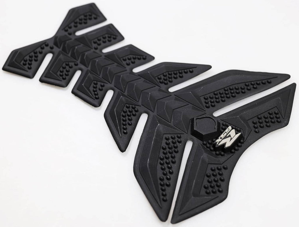 Black rubber motorcycle tank pad protector with 3D raised grip nubs and center emblem