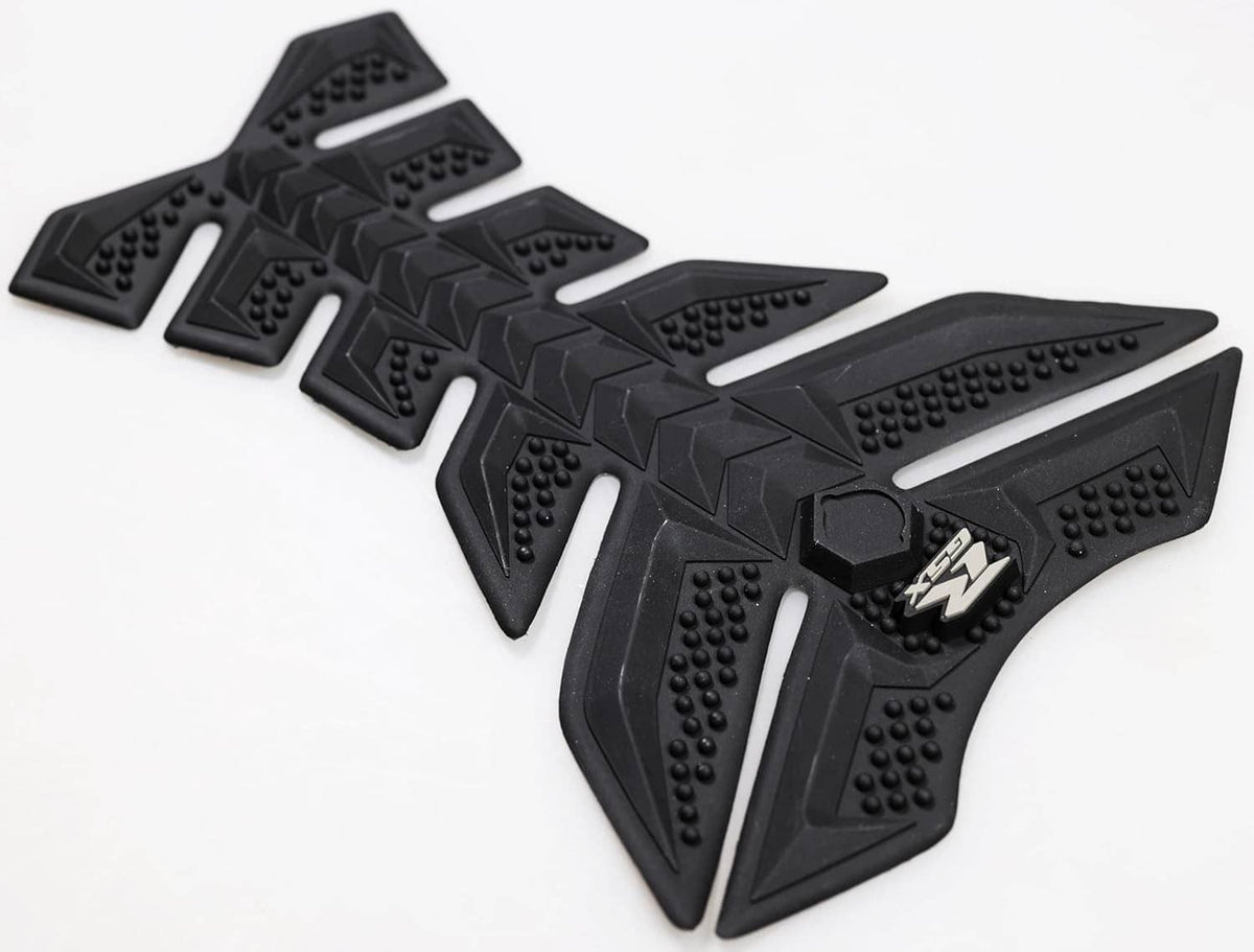 Black rubber motorcycle tank pad protector with 3D raised grip nubs and center emblem