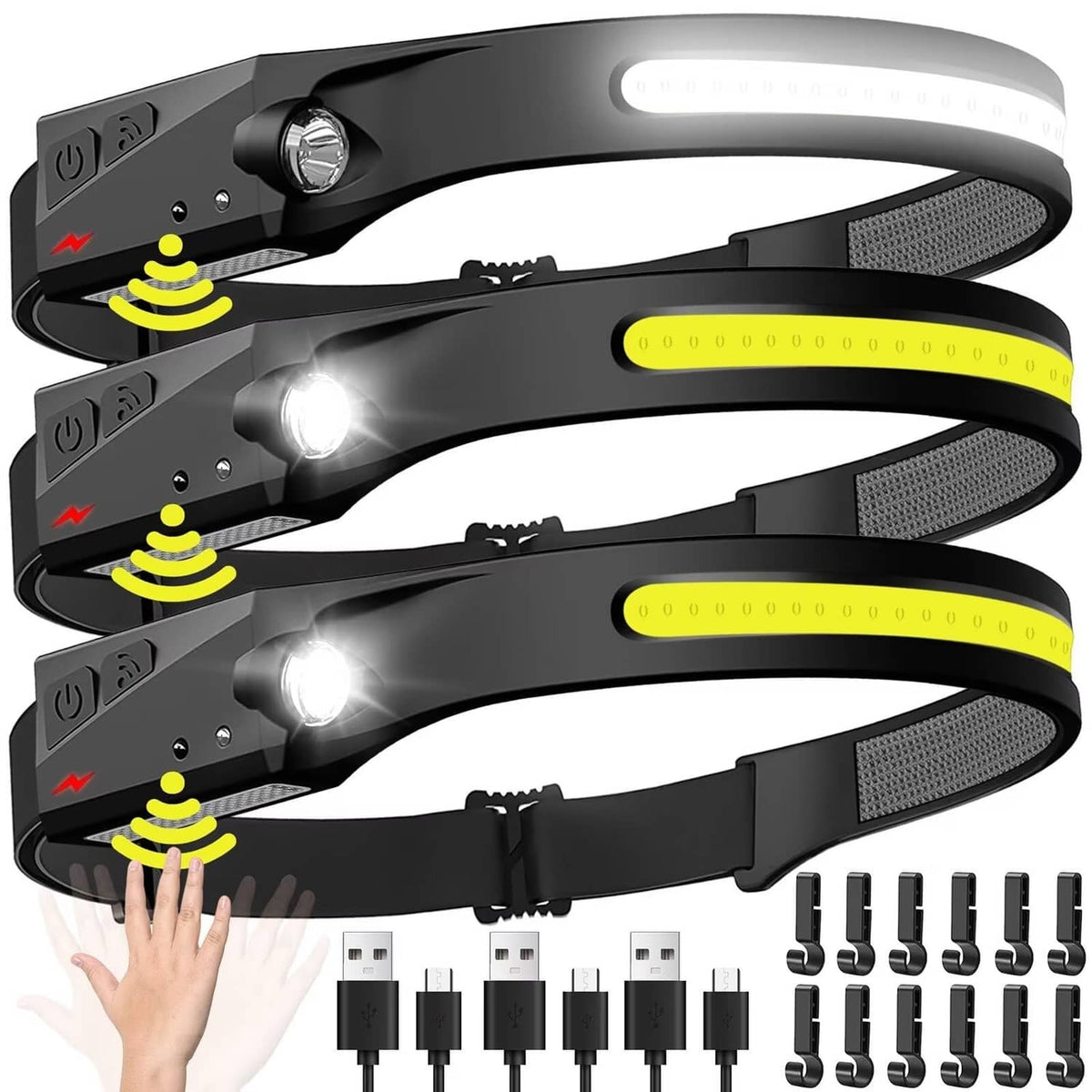 Rechargeable LED headlamps set of 3 with black adjustable headband and bright lens