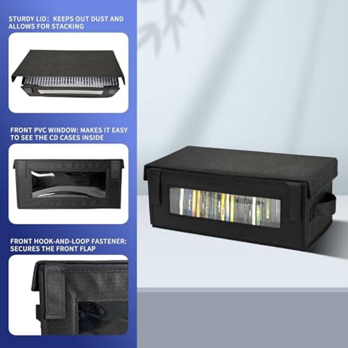 Black CD storage box with sturdy lid and front PVC window, hook-and-loop fastener