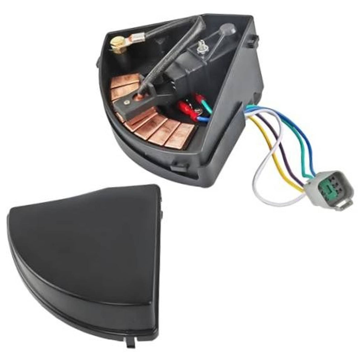 Black golf cart wiper switch replacement housing with wiring and removable cover.