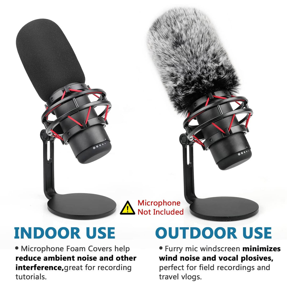 Pop filter with black foam and gray furry windscreen covers on a condenser mic