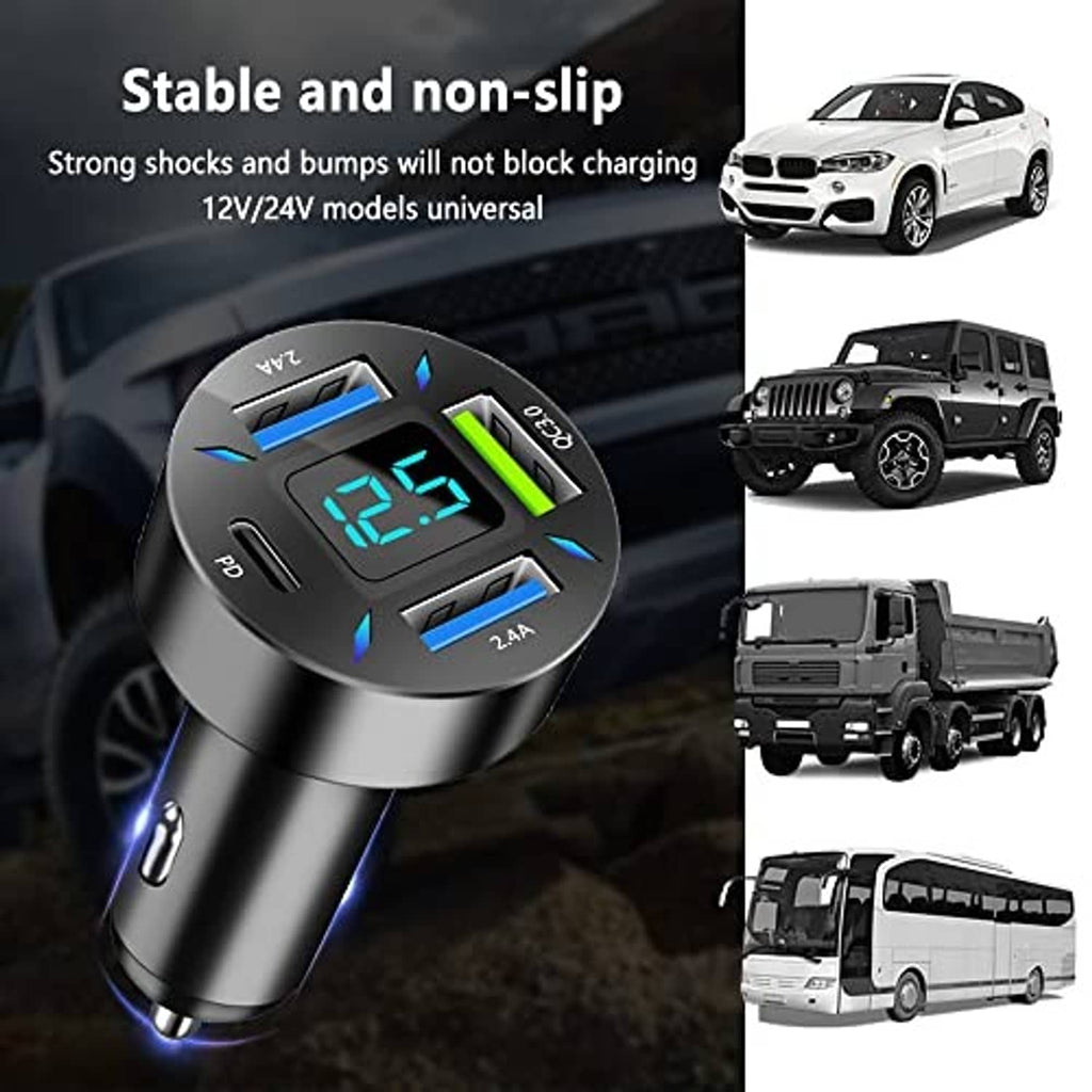 Black dual USB car chargers with blue voltmeter display and 4 ports, Type-C included