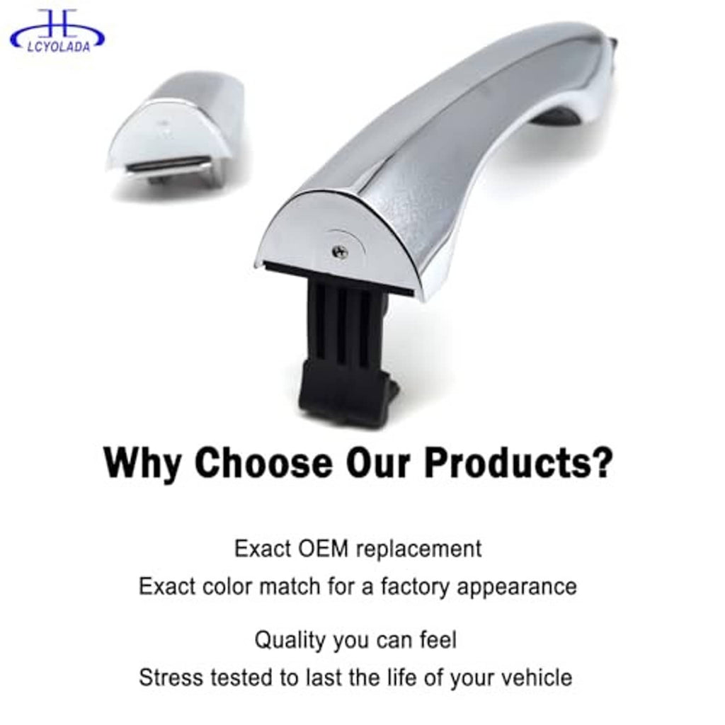 Curved chrome exterior door handle with black cover insert and end cap